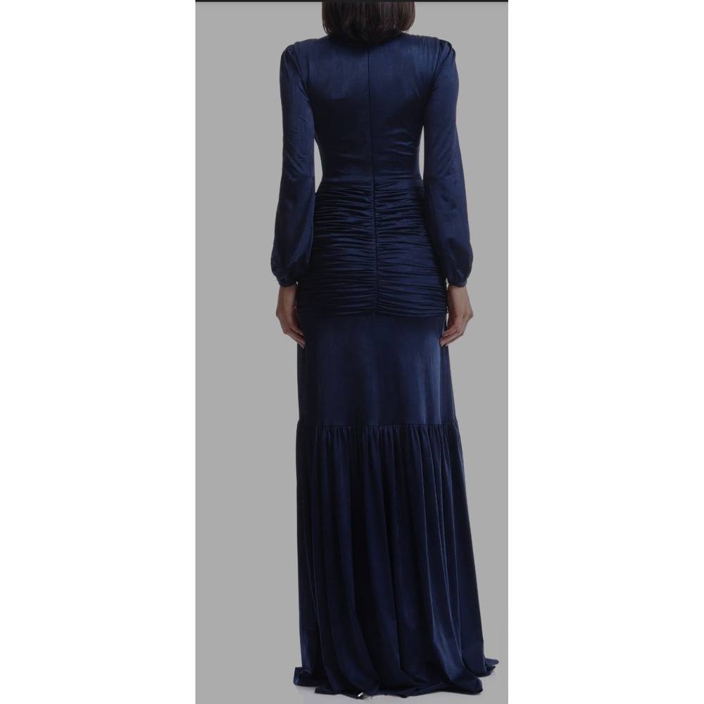 Dress The Population Blue Satin Maxi Dress Ruched Long Sleeve Formal Gown XL NEW - Picture 2 of 11